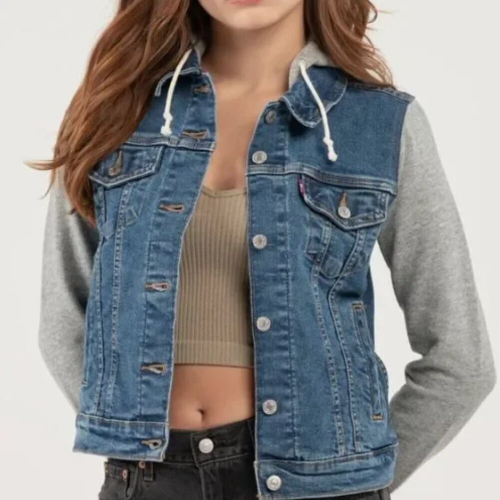 Levi's Hybrid Trucker Jean Jacket Hoodie Combo Gray Blue S #274F